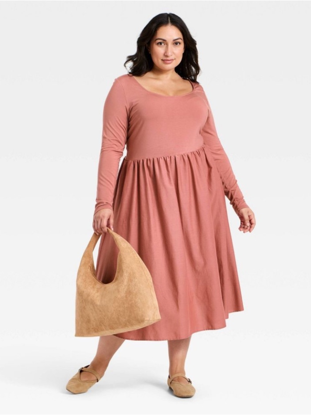 Ava‎ & Viv Long Sleeve Knit Midi A-Line Dress Mauve Pink Size 1X